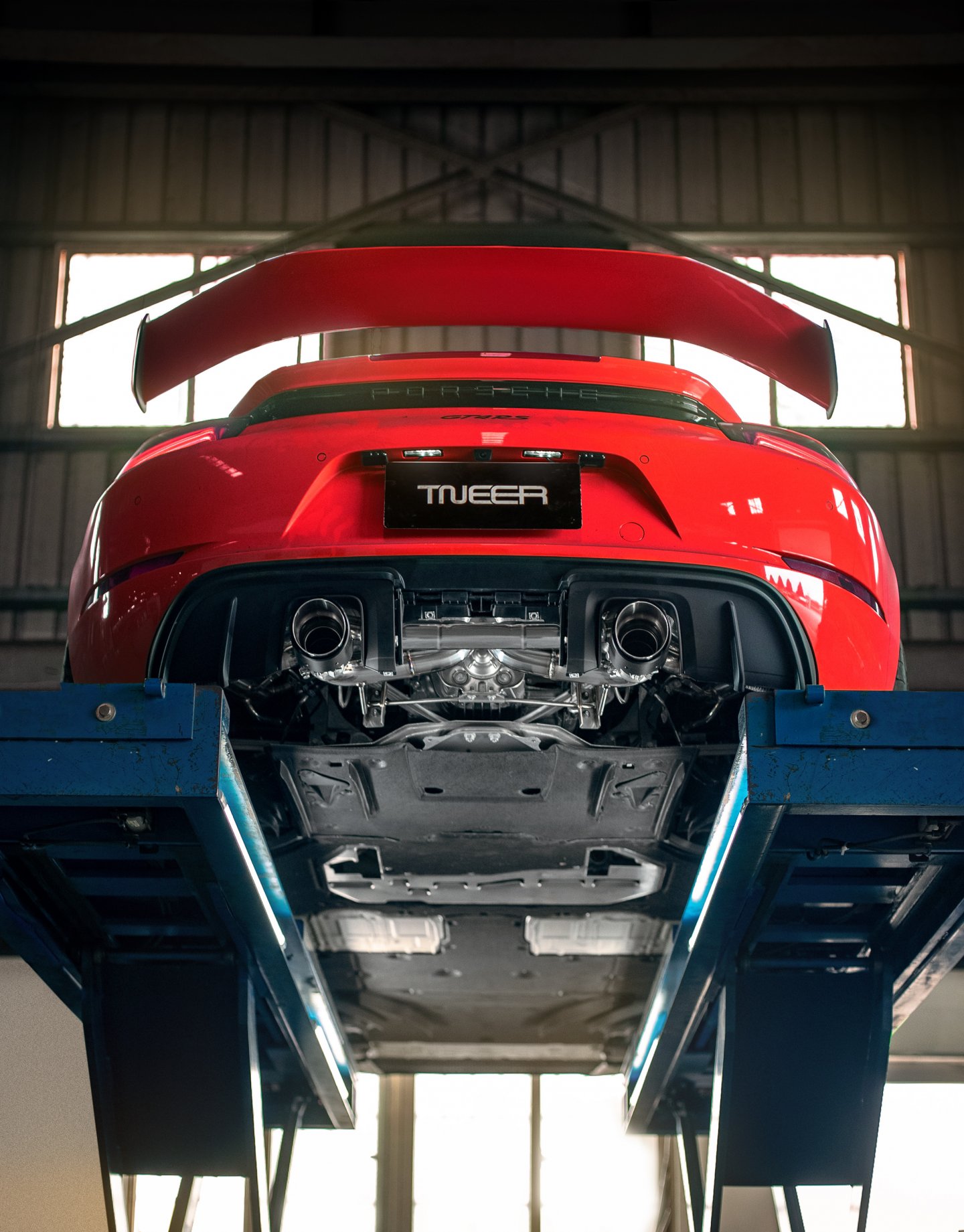 TNEER valvetronic rear muffler system installed on a Porsche 718 Cayman GT4 RS TNEER valvetronic rear muffler system installed on a Porsche 718 Cayman GT4 RS
