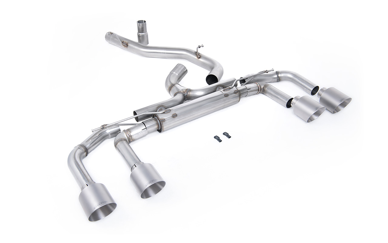Milltek Volkswagen Golf R Mk8 Mk8.5 80mm non-valved Race System with Brushed Titanium tips Milltek Volkswagen Golf R Mk8 Mk8.5 80mm non-valved Race System with Brushed Titanium tips
