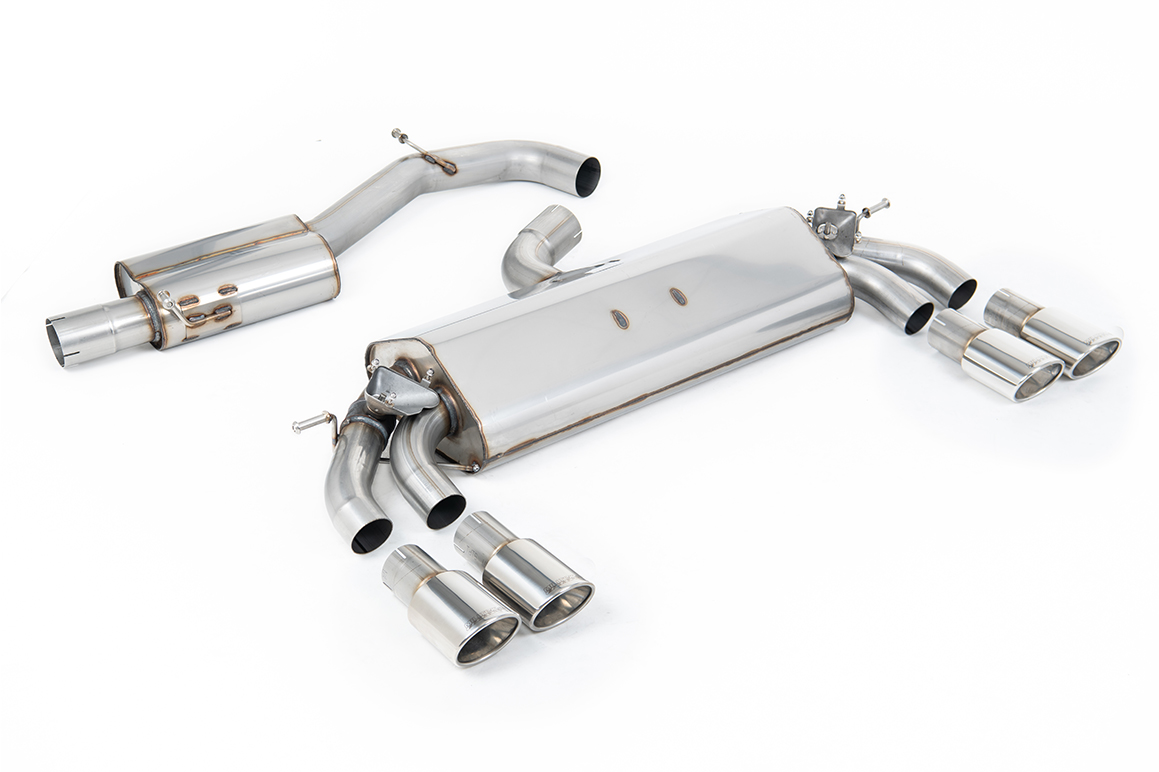Milltek Audi S3 8V.2 Sportback - Resonated (Quieter) GPF/OPF-Back Exhaust System with Quad Exhaust Trims Milltek Audi S3 8V.2 Sportback - Resonated (Quieter) GPF/OPF-Back Exhaust System with Quad Exhaust Trims - exact Milltek product image
