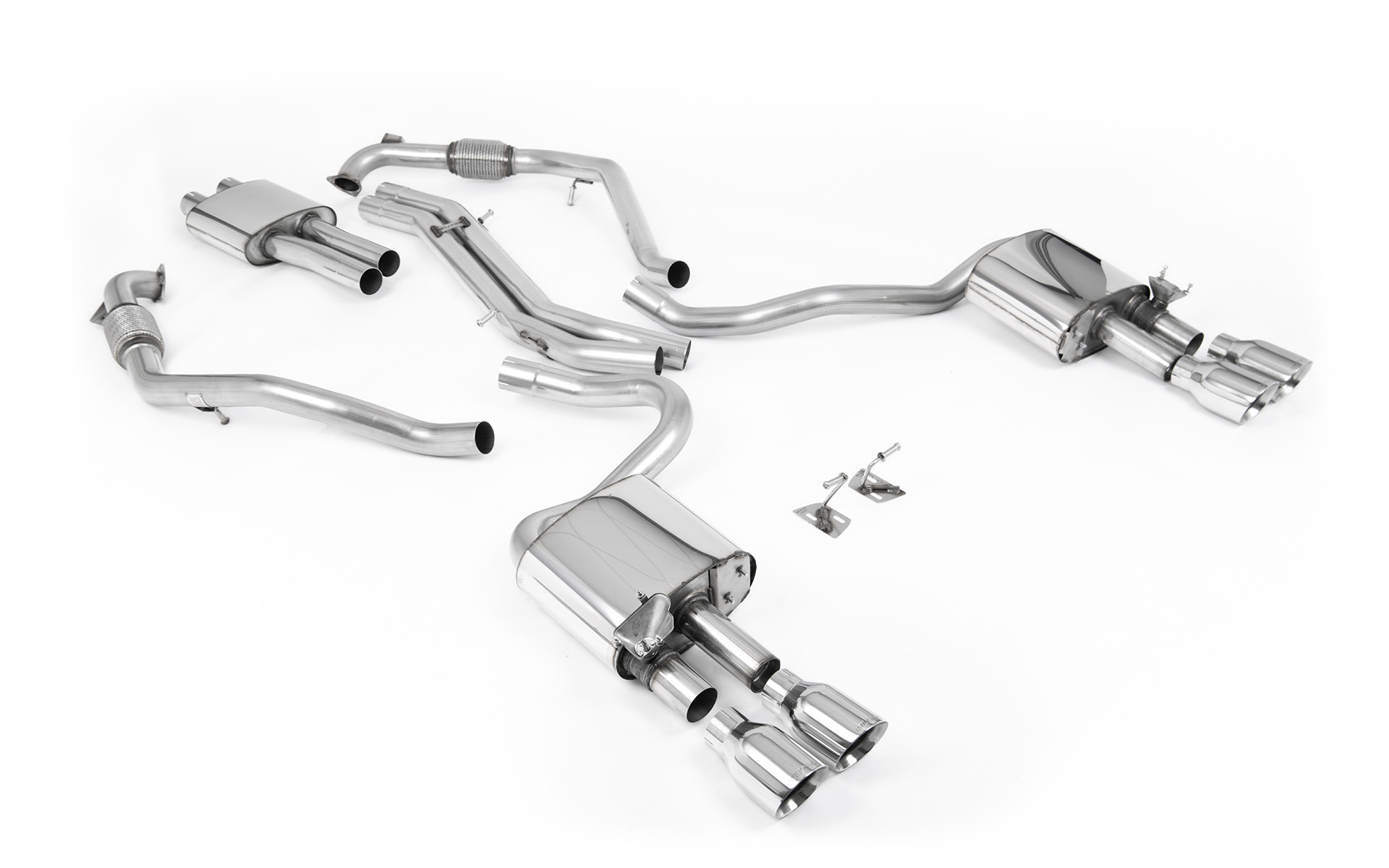 Milltek Audi S5 B9 Sport Diff models with Brace Bars (RHD) - Resonated Cat-Back with Quad Exhaust Trims Milltek Audi S5 B9 Sport Diff models with Brace Bars (RHD) - Resonated Cat-Back with Quad Exhaust Trims - exact Milltek product image