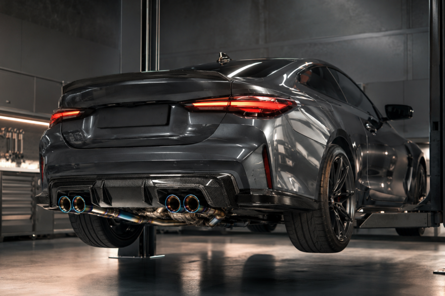 European performance car with a titanium valved exhaust system inside a Gold Coast specialist workshop