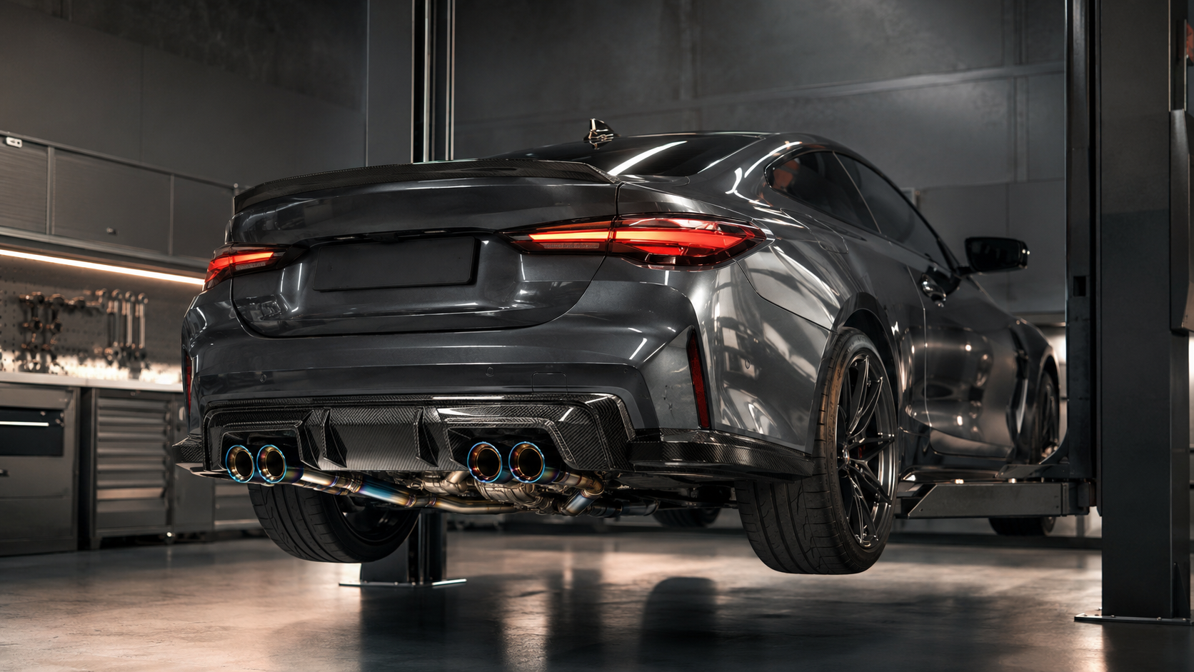 European performance car with a titanium valved exhaust system inside a Gold Coast specialist workshop